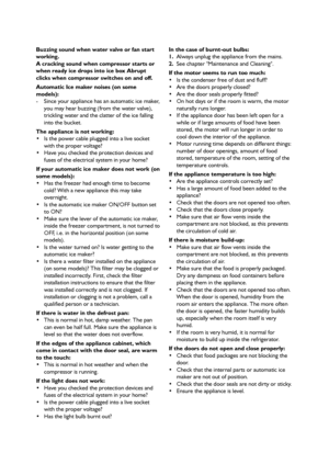 Page 58
Buzzing sound when water valve or fan start
working.
A cracking sound when compressor starts or
when ready ice drops into ice box Abrupt
clicks when compressor switches on and off.
Automatic Ice maker noises (on some
models):
- Since your appliance has an automatic ice maker,
you may hear buzzing (from the water valve),
trickling water and the clatter of the ice falling
into the bucket.
The appliance is not working:
 Is the power cable plugged into a live socket
with the proper voltage?
 Have you...