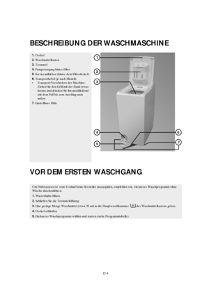 Page 7D 4
BESCHREIBUNG DER WASCHMASCHINE
VOR DEM ERSTEN WASCHGANG
1.Deckel
2.Waschmittelkasten
3.Trommel
4.Pumpenzugang hinter Filter
5.Serviceaufkleber (hinter dem Filterdeckel)
6.Transporthebel (je nach Modell)
Transport/Verschieben der Maschine: 
Ziehen Sie den Griff mit der Hand etwas 
heraus und drücken Sie ihn anschließend 
mit dem Fuß bis zum Anschlag nach 
außen.
7.Einstellbare Füße
Um Prüfwasserreste vom Testlauf beim Hersteller auszuspülen, empfehlen wir, ein kurzes Waschprogramm ohne 
Wäsche...