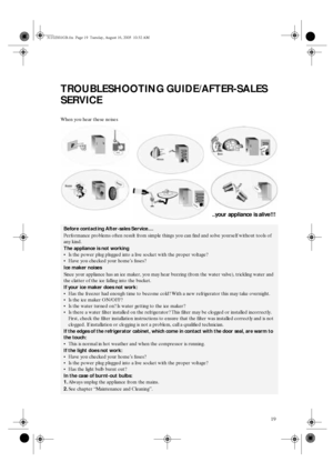 Page 1719
TROUBLESHOOTING GUIDE/AFTER-SALES 
SERVICE
When you hear these noises
Before contacting After-sales Service....
Performance problems often result from simple things you can find and solve yourself without tools of 
any kind.
The appliance is not working

Is the power plug plugged into a live socket with the proper voltage?

Have you checked your home’s fuses?
Ice maker noises
Since your appliance has an ice maker, you may hear buzzing (from the water valve), trickling water and 
the clatter of the...