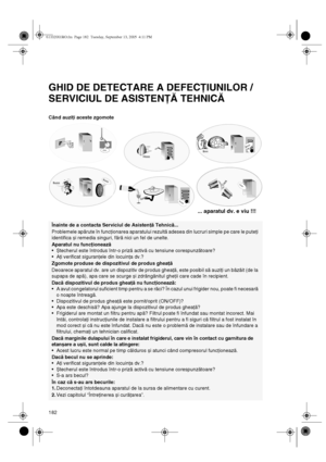 Page 17182
GHID DE DETECTARE A DEFECŢIUNILOR / 
SERVICIUL DE ASISTENŢĂ TEHNICĂ
Când auziţi aceste zgomote
Înainte de a contacta Serviciul de Asistenţă Tehnică...
Problemele apărute în funcţionarea aparatului rezultă adesea din lucruri simple pe care le puteţi 
identifica și remedia singuri, fără nici un fel de unelte.
Aparatul nu funcţionează 
•Ștecherul este întrodus într-o priză activă cu tensiune corespunzătoare?
•Aţi verificat siguranţele din locuinţa dv.?
Zgomote produse de dispozitivul de produs gheaţă...