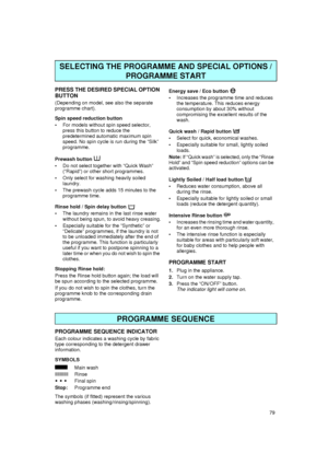 Page 979
PRESS THE DESIRED SPECIAL OPTION 
BUTTON
(Depending on model, see also the separate 
programme chart).
Spin speed reduction button

For models without spin speed selector, 
press this button to reduce the 
predetermined automatic maximum spin 
speed. No spin cycle is run during the “Silk” 
programme.
Prewash button 

Do not select together with “Quick Wash” 
(“Rapid”) or other short programmes.

Only select for washing heavily soiled 
laundry.

The prewash cycle adds 15 minutes to the 
programme...