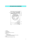 Page 373 1.Worktop
2.Control panel
3.Detergent drawer
4.After-Sales Service sticker (inside door)
5.Door
6.Door handle
-To open: pull handle
-To lock: press the door firmly (the lock will click into place)
7.Door lock child safety device (inside door)
8.Filter 
9.Residual water drain (depending on model).
APPLIANCE AND ACCESSORIES
 