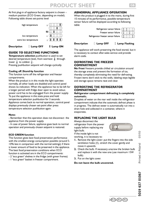 Page 2At first plug-in of appliance factory setpoint is chosen –
medium position (ECO Green, depending on model).
Following table shows set-points level
Description Lamp OFF Lamp ON
GUIDE TO SELECTING FUNCTIONS
Temperature selectionpushbutton is used to set
desired temperature level, from warmest  through
lower to coldest .
Pressing pushbutton setpoint will change cyclically.
Cooling off /Stand-by function
This function turns off the refrigerator and freezer
compartments.
When the product is in this mode the...