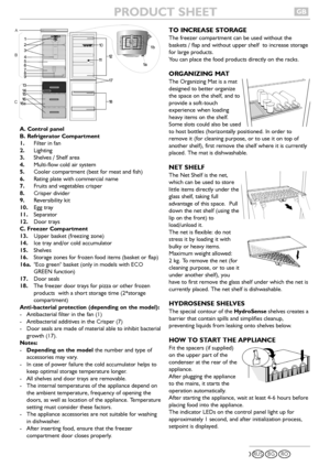 Page 1A. Control panel
B. Refrigerator Compartment
1.Filter in fan
2.Lighting
3.Shelves / Shelf area
4.Multi-flow cold air system
5.Cooler compartment (best for meat and fish)
6.Rating plate with commercial name
7.Fruits and vegetables crisper
8.Crisper divider
9.Reversibility kit
10.Egg tray
11.Separator
12.Door trays
C. Freezer Compartment
13.Upper basket (freezing zone)
14.Ice tray and/or cold accumulator
15.Shelves
16.Storage zones for frozen food items (basket or flap)
16a.Eco green basket (only in models...