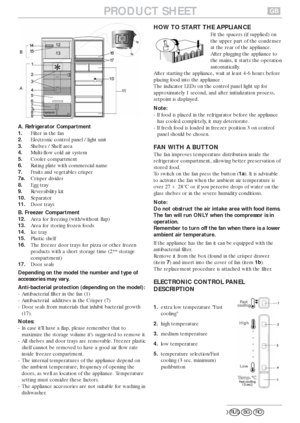 Page 1A. Refrigerator Compartment
1.Filter in the fan
2.Electronic control panel / light unit
3.Shelves / Shelf area
4.Multi-flow cold air system
5.Cooler compartment
6.Rating plate with commercial name
7.Fruits and vegetables crisper
7a.Crisper divider
8.Egg tray
9.Reversibility kit
10.Separator
11.Door trays
B. Freezer Compartment 
12.Area for freezing (with/without flap)
13.Area for storing frozen foods
14.Ice tray
15.Plastic shelf
16.The freezer door trays for pizza or other frozen
products with a short...