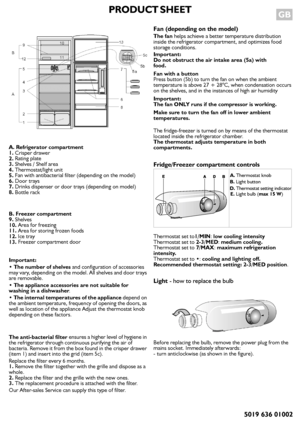 Page 1PRODUCT SHEET  GB 
5019 636 01002
A. Refrigerator compartment
1. Crisper drawer
2. Rating plate
3. Shelves / Shelf area
4. Thermostat/light unit
5. Fan with antibacterial filter (depending on the model)
6. Door trays
7. Drinks dispenser or door trays (depending on model)
8. Bottle rack
B. Freezer compartment
9. Shelves
10. Area for freezing
11. Area for storing frozen foods
12. Ice tray
13. Freezer compartment door
Important:
•
 The number of shelves and configuration of accessories 
may vary, depending...