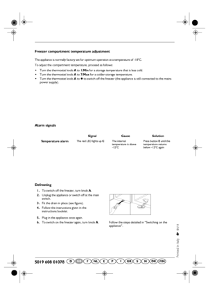 Page 2
DFNLEPGRDKSNFINIGB
Freezer compartment temperature adjustment
The appliance is normally factory set for optimum operation at a temperature of -18°C.
To adjust the compartment temp erature, proceed as follows:
• Turn the thermostat knob  A
 to  1/Min
 for a storage temperature that is less cold.
 Turn the thermostat knob  A
 to  7/Max
 for a colder storage temperature.
 Turn the thermostat knob  A
 to  
 to switch off the freezer (the appl iance is still connected to the mains 
power supply).
Alarm...