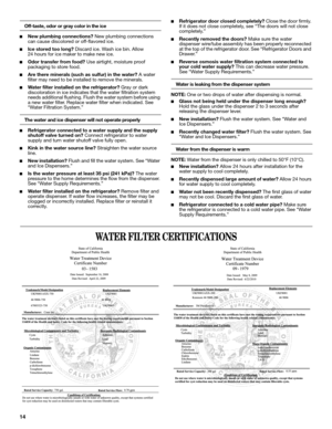 Page 1414
Off-taste, odor or gray color in the ice
■New plumbing connections? New plumbing connections 
can cause discolored or off-flavored ice. 
■Ice stored too long? Discard ice. Wash ice bin. Allow 
24 hours for ice maker to make new ice. 
■Odor transfer from food? Use airtight, moisture proof 
packaging to store food. 
■Are there minerals (such as sulfur) in the water? A water 
filter may need to be installed to remove the minerals. 
■Water filter installed on the refrigerator? Gray or dark 
discoloration...