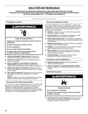 Page 3030
SOLUCIÓN DE PROBLEMAS
Pruebe primero las soluciones sugeridas aquí o visite nuestro sitio de internet y consulte
“Preguntas que se hacen con frecuencia”, para evitar posiblemente el costo de una visita de servicio técnico.
 En EE.UU., www.whirlpool.com     En Canadá, www.whirlpool.ca 
Funcionamiento del refrigerador
El refrigerador no funciona
■¿Está desenchufado el cable eléctrico? Conecte a un 
contacto de pared de conexión a tierra de 3 terminales.
■¿Funciona el contacto? Enchufe una lámpara para...