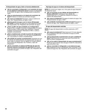 Page 3232
El despachador de agua y hielo no funciona debidamente
■¿Se ha conectado el refrigerador a un suministro de agua 
y se ha abierto la válvula de cierre? Conecte el refrigerador 
al suministro de agua y abra completamente la válvula de 
cierre.
■¿Hay un estrechamiento en la tubería de suministro de 
agua? Enderece la tubería de suministro de agua. 
■¿Es nueva la instalación? Enjuague y llene el sistema de 
agua. Vea “Despachadores de agua y hielo”.
■¿Está la presión de agua a por lo menos 35 lbs/pulg²...