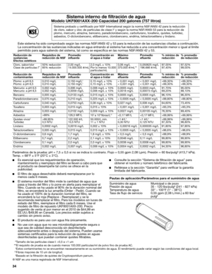 Page 3434
Sistema interno de filtración de agua
Modelo UKF8001AXX-200 Capacidad 200 galones (757 litros)
Este sistema ha sido comprobado según las normas NSF/ANSI 42 y 53 para la reducción de las sustancias citadas a continuación. 
La concentración de las sustancias indicadas en agua entrando al sistema fue reducida a una concentración menor o igual al límite 
permitido para agua saliendo del sistema, tal como se especifica en las normas NSF/ANSI 42 y 53.
  
Parámetros de la prueba: pH = 7,5 ± 0,5 si no se...