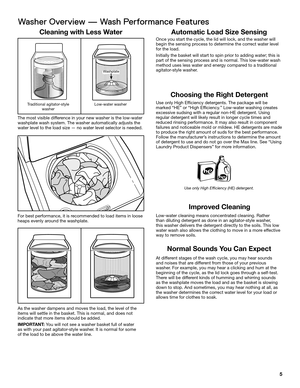 Page 55
Washer Overview — Wash Performance Features
Choosing the Right Detergent
Use only High Efficiency detergents. The package will be 
marked “HE” or “High Efficiency.” Low-water washing creates 
excessive sudsing with a regular non-HE detergent. Using 
regular detergent will likely result in longer cycle times and 
reduced rinsing performance. It may also result in component 
failures and noticeable mold or mildew. HE detergents are made 
to produce the right amount of suds for the best performance....