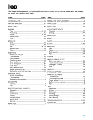 Page 3535
TOPIC PAGE
AIR CIRCULATION ..................................................... 10
ANTI-TIP BRACKET ................................................... 21
ASSISTANCE ............................................................. 34
BAKING
Pans ................................................................... 9, 10
Preheating .............................................................. 15
Racks .................................................................. 9, 10
Setting cycle...