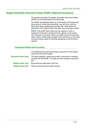 Page 1311–89
USER GUIDE (COPIER)
Duplex Automatic Document Feeder (DADF) (Optional Accessory)
This section describes the Duplex Automatic Document Feeder 
(DADF) for the WorkCentre 24 printer/copier.
The DADF automatically feeds up to 50 sheets of the same size 
documents or mixed size documents, one at a time, onto the 
Document Glass, feeding the top sheet first. Documents are 
delivered to the Original Catch Tray after they have been copied.
NOTE: If the DADF belt is dirty and the original is a thin or...