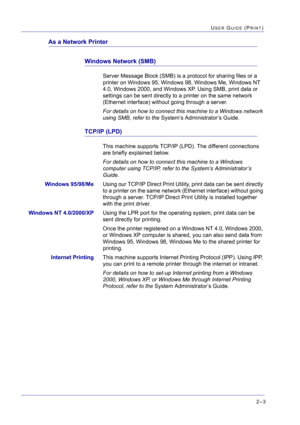 Page 1672–3
USER GUIDE (PRINT)
As a Network Printer
Windows Network (SMB)
Server Message Block (SMB) is a protocol for sharing files or a 
printer on Windows 95, Windows 98, Windows Me, Windows NT 
4.0, Windows 2000, and Windows XP. Using SMB, print data or 
settings can be sent directly to a printer on the same network 
(Ethernet interface) without going through a server. 
For details on how to connect this machine to a Windows network 
using SMB, refer to the System’s Administrator’s Guide.
TCP/IP (LPD)
This...