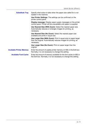Page 1752–11
USER GUIDE (PRINT)
Substitute TraySpecify what action to take when the paper size called for is not 
loaded in the machine.
Use Printer Settings: The settings can be confirmed on the 
printer control panel.
Display message: Display paper supply messages on the printer 
control panel. Printer will be unavailable until paper is supplied.
Use Nearest Size (With Zoom): Select the nearest paper size. 
Automatically reduces or enlarges images for printing, as 
necessary.
Use Nearest Size (No Zoom): Select...