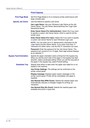 Page 182  
2–18
USER GUIDE (PRINT)
Print Features
Print Page ModeSet Print Page Mode to On to enhance printer performance with 
large complex jobs.
Specify Job OwnerUse this feature to specify a job owner.
Use Login Name: Use your Windows Login Name as the Job 
Owner Name. The Job Owner Name becomes the “Login User 
Name\Host Name”. 
Enter Owner Name (For Administrator): Select this if you want 
to specify a custom Job Owner Name, which is used for all the 
printer icons.
Enter Owner Name (For User): Select this...