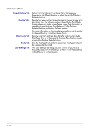 Page 186  
2–22
USER GUIDE (PRINT)
Output Options TabSelect from Front Cover, Feed Cover from, Transparency 
Separators, Job Offset, Stapling, or select Margin Shift Restore 
Defaults buttons.
Graphic TabsSpecify how you want to manipulate graphic images for your print 
job. Select from the following options: Output Color, Print Mode, 
Image Adjustment Mode, Image Types, Image Auto Correction, or 
select the Image Settings, Color Balance, Profile Settings, 
Detailed Settings, or Restore Defaults buttons. 
For...