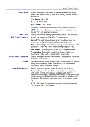 Page 2152–51
USER GUIDE (PRINT)
Print ModeSpecify whether to give priority to the print speed or the image 
quality. The printer/copier is capable of printing at three different 
resolutions:
High Speed: 600 x 600
Standard: 1200 x 600
High Quality: 1200 x 1200
To change resolution settings, use the Print Mode selections.
NOTE: The Image Enhancement feature is not available when 
Standard or High Quality is selected.
Output ColorSpecify your output printing options select either Color or Black.
RGB Color...
