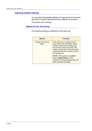 Page 262  
2–98
USER GUIDE (PRINT)
Adjusting Detailed Settings
You can adjust the detailed settings of image quality for the entire 
document or specific elements like text, graphics, and photos.
The options are as follows:
Options for the Text Group
The following settings are effective for text data only.
OptionsContents
Change All Colors to 
BlackIf the check box is checked, text in 
colors other than white/black will be 
printed in black when printing color 
documents in black and white. This 
makes colored...