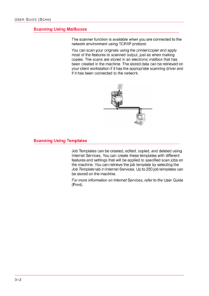 Page 2923–2
USER GUIDE (SCAN)
Scanning Using Mailboxes
The scanner function is available when you are connected to the 
network environment using TCP/IP protocol.
You can scan your originals using the printer/copier and apply 
most of the features to scanned output, just as when making 
copies. The scans are stored in an electronic mailbox that has 
been created in the machine. The stored data can be retrieved on 
your client workstation if it has the appropriate scanning driver and 
if it has been connected to...