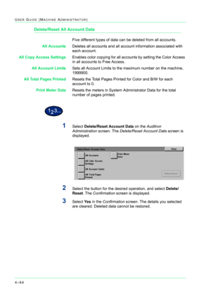 Page 3984–64
USER GUIDE (MACHINE ADMINISTRATOR)
Delete/Reset All Account Data
Five different types of data can be deleted from all accounts.
All AccountsDeletes all accounts and all account information associated with 
each account.
All Copy Access SettingsEnables color copying for all accounts by setting the Color Access 
in all accounts to Free Access. 
All Account LimitsSets all Account Limits to the maximum number on the machine, 
1999900. 
All Total Pages PrintedResets the Total Pages Printed for Color and...