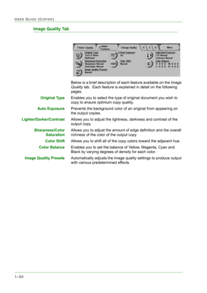 Page 921–50
USER GUIDE (COPIER)
Image Quality Tab
Below is a brief description of each feature available on the Image 
Quality tab.  Each feature is explained in detail on the following 
pages.
Original TypeEnables you to select the type of original document you wish to 
copy to ensure optimum copy quality.
Auto ExposurePrevents the background color of an original from appearing on 
the output copies.
Lighter/Darker/ContrastAllows you to adjust the lightness, darkness and contrast of the 
output copy....