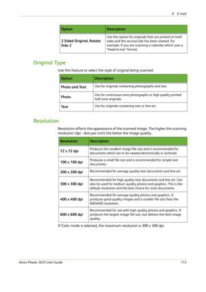 Page 1196E-mail 
Xerox Phaser 3635 User Guide113
Original Type
Use this feature to select the style of original being scanned.
Resolution
Resolution affects the appearance of the scanned image. The higher the scanning 
resolution (dpi - dots per inch) the better the image quality.
If Color mode is selected, the maximum resolution is 300 x 300 dpi.2 Sided Original, Rotate 
Side 2
Use this option for originals that are printed on both 
sides and the second side has been rotated. For 
example, if you are scanning a...
