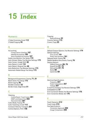 Page 223Xerox Phaser 3635 User Guide217
Numerics
2 Sided Scanning, Email 112
2-Sided Copying 45
A
Accounting
Foreign Device Interface 187
Network Accounting 186
Xerox Standard Accounting 187
Audio Line Monitor, Fax Setup 172
Auto Answer Delay, Fax Receive Settings 173
Auto Center, Image Shift 50
Auto Detect, E-mail 116
Auto Detect, Original Size 48
Auto Reduction, Fax Receive Settings 173
Automatic Redial Setup, Fax Setup 172
B
Background Suppression, Faxing 71, 81
Batch Send, Fax Setup 172
Book Copying 49...