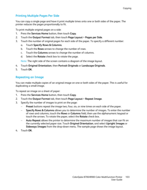 Page 103Copying 
  ColorQube 8700/8900 Color Multifunction Printer  103 
  User Guide 
 
Printing Multiple Pages Per Side  
You can copy a single page and have it print multiple times onto one or both sides of the paper. The 
printer reduces the pages proportionally to fit.  
To print multiple original pages on a side:  
1.   Press the Services Home  button, then touch Copy. 
2.   Touch the Output Format  tab, then touch Pa ge Layout >  Pages per Side.  
3.   Touch the number of original pages for each side of...