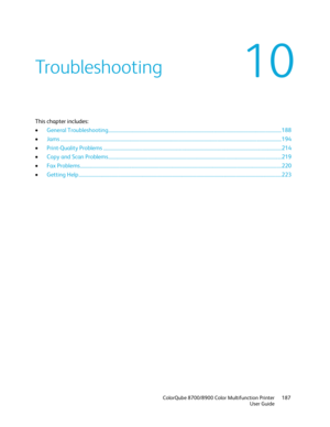 Page 187 
 ColorQube 8700/8900 Color Multifunction Printer  187 
  User Guide 
 
This chapter includes:  
•   General Troubleshooting ............................................................................................................................................. 188  
•   Jams  ................................ .................................................................................................................................................... 194  
•   Print -Quality Problems...