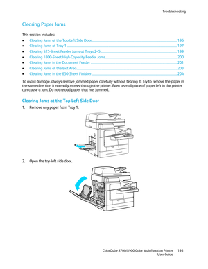 Page 195Troubleshooting 
  ColorQube 8700/8900 Color Multifunction Printer  195 
  User Guide 
 
Clearing Paper Jams  
This section includes:  
•   Clearing Jams at the Top Left Side Door  ................................ .............................................................................. 195  
•   Clearing Jams at Tray 1  ................................ ............................................................................................................... 197  
•   Clearing 525 -Sheet Feeder...