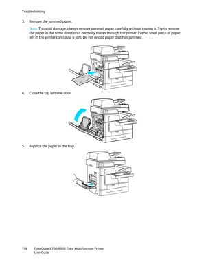 Page 196Troubleshooting 
196  ColorQube 8700/8900  Color Multifunction Printer  
  User Guide  
 
3.   Remove the jammed paper.   
Note: To avoid damage, always remove jammed paper carefully without tearing it. Try to remove 
the paper in the same direction it normally moves through the printer. Even a small piece of paper 
left in the printer can cause a jam. Do not reload paper that has jammed.  
 
 
4.   Close the top left side door.  
 
5.   Replace the paper in the tray.  
  