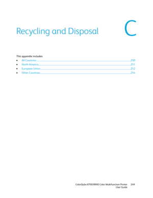 Page 249 
 ColorQube 8700/8900 Color Multifunction Printer  249 
  User Guide 
 
This appendix in cludes: 
•   All Countries  ................................ ..................................................................................................................................... 250  
•   North America  ................................ ................................................................................................................................. 251  
•   European Union...