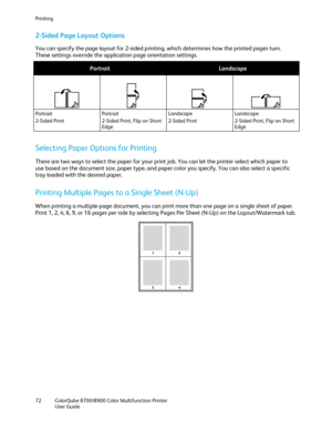 Page 72Printing 
72  ColorQube 8700/8900  Color Multifunction Printer  
  User Guide  
 
2 -Sided Page Layout Options  
You can specify the page layout for 2 -sided printing, which determines how the printed pages turn. 
These settings override the application page orien tation settings. 
 
Portrait Landscape 
 
 
 
 
 
 
 
 
Portrait 
2 -Sided Print   Portrait
 
2 -Sided Print, Flip on Short 
Edge   Landscape
 
2 -Sided Print   Landscape
 
2 -Sided Print, Flip on Short 
Edge  
 
 
Selecting Paper Options for...
