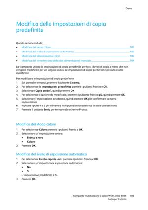 Page 104Copia 
 
 Stampante multifunzione a colori WorkCentre 6015 103 
 Guida per lutente 
 
Modifica delle impostazioni di copia 
predefinite 
Questa sezione include: 
 Modifica del Modo colore ........................................................................................................................................... 103 
 Modifica del livello di esposizione automatica ................................................................................................... 103 
 Modifica del...