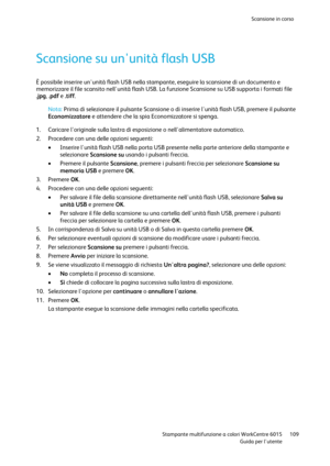 Page 110Scansione in corso 
 
 Stampante multifunzione a colori WorkCentre 6015 109 
 Guida per lutente 
 
Scansione su ununità flash USB 
È possibile inserire ununità flash USB nella stampante, eseguire la scansione di un documento e 
memorizzare il file scansito nellunità flash USB. La funzione Scansione su USB supporta i formati file 
.jpg, .pdf e .tiff.  
Nota: Prima di selezionare il pulsante Scansione o di inserire lunità flash USB, premere il pulsante 
Economizzatore e attendere che la spia Economizzatore...