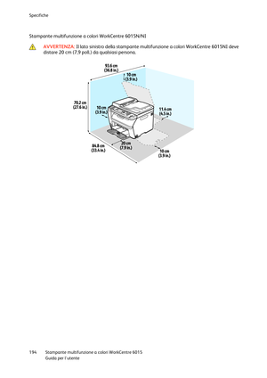 Page 195Specifiche 
 
194 Stampante multifunzione a colori WorkCentre 6015 
 Guida per lutente 
 
Stampante multifunzione a colori WorkCentre 6015N/NI  
 AVVERTENZA: Il lato sinistro della stampante multifunzione a colori WorkCentre 6015NI deve 
distare 20 cm (7,9 poll.) da qualsiasi persona. 
 
    
