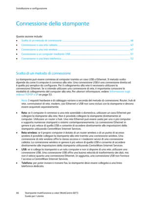 Page 47Installazione e configurazione 
 
46 Stampante multifunzione a colori WorkCentre 6015 
 Guida per lutente 
 
Connessione della stampante 
Questa sezione include: 
 Scelta di un metodo di connessione ......................................................................................................................... 46 
 Connessione a una rete cablata ................................................................................................................................. 47 
 Connessione a...