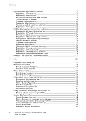 Page 7Contenuto 
 
6 Stampante multifunzione a colori WorkCentre 6015 
 Guida per lutente 
 
Regolazione delle impostazioni di scansione ................................................................................................... 120 
Impostazione del formato file ....................................................................................................................... 120 
Impostazione del modo colore...