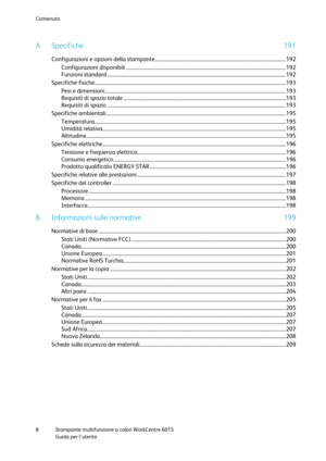 Page 9Contenuto 
 
8 Stampante multifunzione a colori WorkCentre 6015 
 Guida per lutente 
 
A  Specifiche 191 
Configurazioni e opzioni della stampante......................................................................................................... 192 
Configurazioni disponibili ................................................................................................................................ 192 
Funzioni standard...