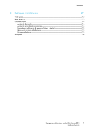 Page 10Contenuto 
 
 Stampante multifunzione a colori WorkCentre 6015 9 
 Guida per lutente 
 
C  Riciclaggio e smaltimento 211 
Tutti i paesi .................................................................................................................................................................... 212 
Nord America ............................................................................................................................................................... 213 
Unione Europea...