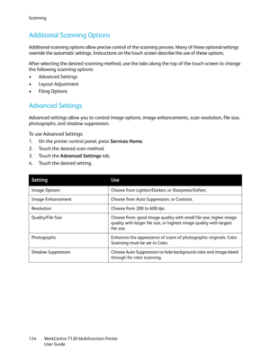 Page 134Scanning
WorkCentre 7120 Multifunction Printer
User Guide 134
Additional Scanning Options
Additional scanning options allow precise control of the scanning process. Many of these optional settings 
override the automatic settings. Instructions on the touch screen describe the use of these options.
After selecting the desired scanning method, use the tabs along the top of the touch screen to change 
the following scanning options:
• Advanced Settings
•Layout Adjustment
• Filing Options
Advanced Settings...