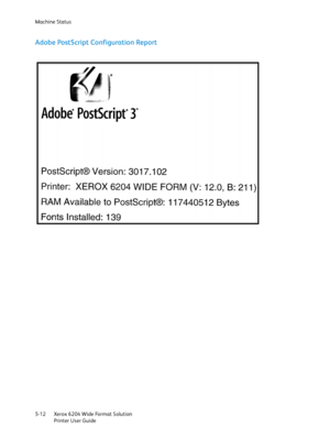 Page 102Machine Status
Xerox 6204 Wide Format Solution
Printer User Guide 5-12
Adobe PostScript Configuration Report
Downloaded From ManualsPrinter.com Manuals 
