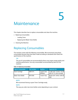 Page 835
Maintenance
This chapter describes how to replace consumables and clean the machine.
•Replacing Consumables
-Loading Toner
-Replacing the Waste Toner Bottle
•Cleaning the Machine
Replacing Consumables
The machine comes with the following consumables. We recommend using these
consumables because they have been made according to standards that match the
specifications of the machine.
TIP
The use of consumables not recommended by Xerox may impair image quality and
machine performance. Use only consumables...