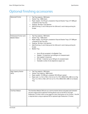 Page 191
9-3
Specifications
User Guide
Xerox 700 Digital Color Press
Advanced Finisher
Top Tray capacity:  500 sheets
•
Stacker Tray:  3000 sheets
•
Paper weights:  52-216 gsm uncoated to Top and Stacker Trays; 217-280 gs\
m 
•
uncoated to Top Tray only
Stapling:  50-sheet, multi-position
•
Hole Punching: 2- and 3-hole punch for USA and 2- and 4-hole punching fo\
r 
•
Europe
Top Tray capacity:  500 sheets
•
Stacker Tray:  1500 sheets
•
Paper weights:  52-216 gsm uncoated to Top and Stacker Trays; 217-280 gs\
m...