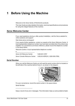 Page 15
Xerox WorkCentre 7132 User Guide 15
1 Before Using the Machine
Welcome to the Xerox family of WorkCentre products.
This User Guide provides detailed information, technical specifications and procedures 
for using the integral features of the machine.
Xerox Welcome Center
If you need assistance during or after product  installation, visit the Xerox website for 
online solutions and support.
http://www.xerox.com/support
If you require further assistance, contact our experts at the Xerox Welcome Center. A...