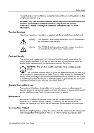 Page 19
Safety Notes 
Xerox WorkCentre 7132 User Guide 19
The safety and environment testing and performance of this product have been verified 
using Xerox materials only.
WARNING: Any unauthorized alteration, which may include the addition of new 
functions or connection of external devices, may impact the product 
certification. Please contact your authorized Service Provider for more 
information.
Warning Markings
All warning instructions marked on or  supplied with the product should be followed....