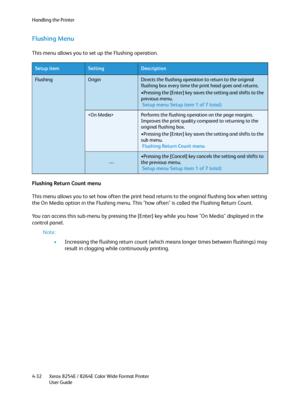 Page 116Handling the Printer
Xerox 8254E / 8264E Color Wide Format Printer
User Guide 4-32
Flushing Menu 
This menu allows you to set up the Flushing operation.
Flushing Return Count menu
This menu allows you to set how often the print head returns to the original flushing box when setting 
the On Media option in the Flushing menu. This "how often" is called the Flushing Return Count.
You can access this sub-menu by pressing the [Enter] key while you have "On Media" displayed in the 
control...