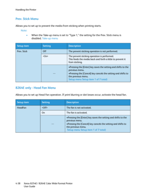 Page 122Handling the Printer
Xerox 8254E / 8264E Color Wide Format Printer
User Guide 4-38
Prev. Stick Menu
Allows you to set up to prevent the media from sticking when printing starts.
Note:
•When the Take-up menu is set to “Type 1,” the setting for the Prev. Stick menu is 
disabled. Take-up menu
8264E only - Head Fan Menu
Allows you to set up Head Fan operation. If print blurring or dot losses occur, activate the head fan.
Setup itemSettingDescription
Prev. StickOffThe prevent sticking operation is not...